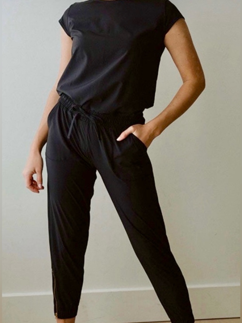 Black Drawstring Waist Jumpsuit with Ankle Zips